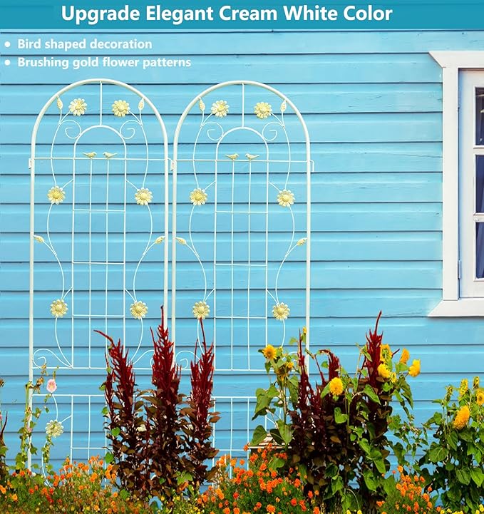 4 Pack Metal Garden Trellis 86.7" H Garden Fence Rustproof Trellis Cream White for Climbing Plants Support Roses Flower Cucumber Outdoor Lawn, White