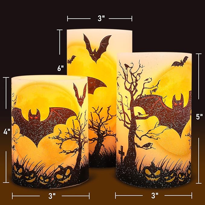 Halloween Decorations LED Candles with Bats Moon Big House Pumpkin Battery Operated Remote Timer Dim Glitter Design Real Wax Realistic Flickering Flameless Pillar for Horror Spooky Decor