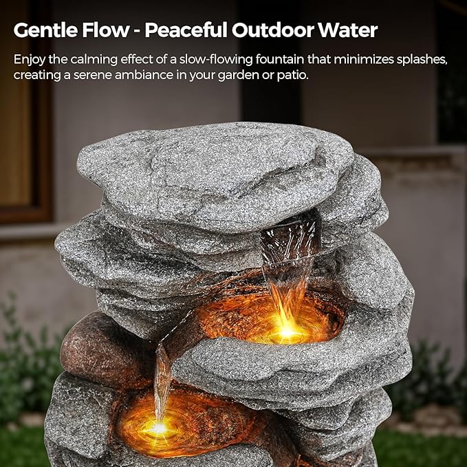 40" Outdoor Water Fountain with LED Lights - 5-Tier Cascading Rock Waterfall Fountain, Natural Rock Look, Ideal for Garden, Landscaping, Patio, Balconies and Yard Decor