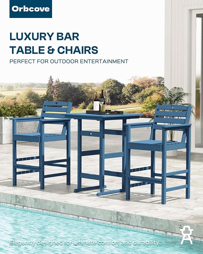 5-Piece Bar Height Outdoor Table and Chairs Set, HDPE Wood Grain Patio Bar Table and Chairs with Heart Cutout Design, Weather-Resistant Bar Height Furniture for Deck, Porch, Pool (Navy Blue)