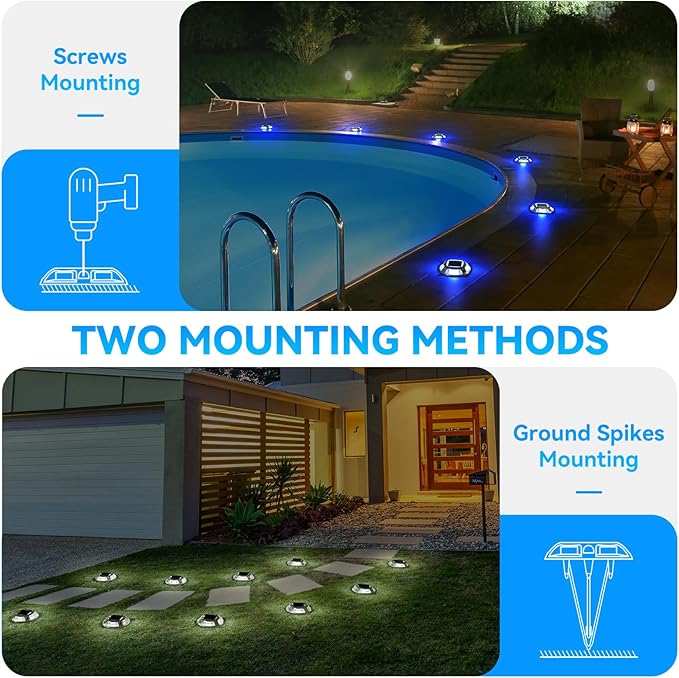 AGPTEK Solar Driveway Lights 4 Pack, 2 Colors in 1 Outdoor Solar Deck Dock Marine Waterproof LED Driveway Marker Security Lights for Outside Pathway,Boat Dock,Step,Walkway,Path,Garden (Blue & White)