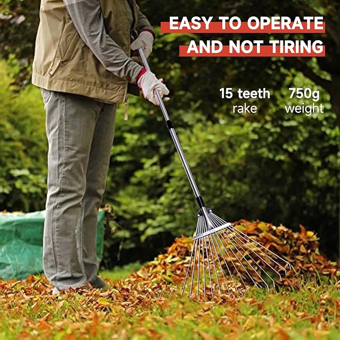 Adjustable Garden Metal Rake -32 to 63 Inch ,Hand Weed Collapsible Camping Landscape Dethatcher Rake for Leaves Shrub Yard Lawns,Leveling Yard Tool,Black