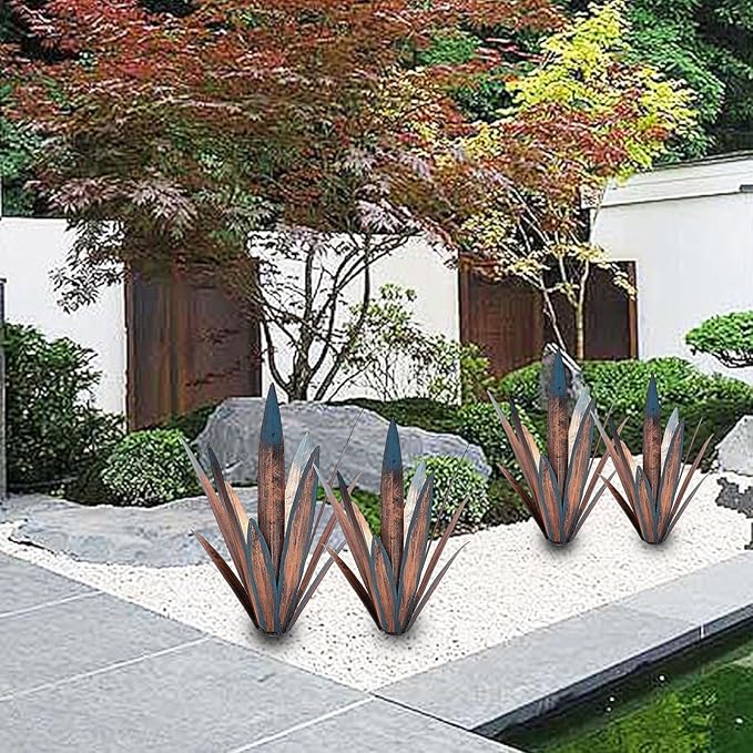 2 PCS Metal Agave Sculpture Decoration, Vintage Country Hand-Painted Sculpture DIY Metal Agave Plant, Home Garden Courtyard Lawn Outdoor Decoration (2PCS)