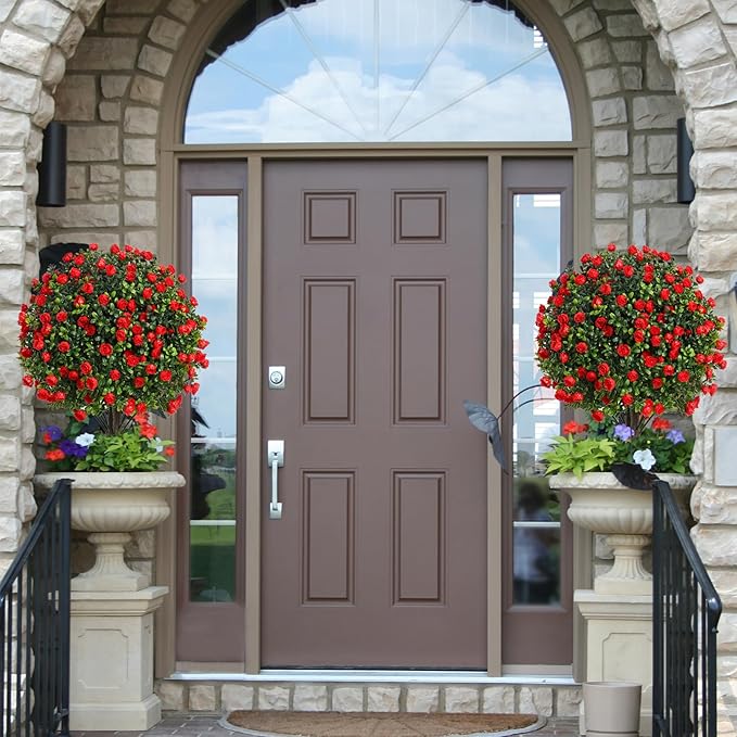 Artificial Rose Topiary Trees, 17 Inch UV-Resistant Red Flowers, Set of 2 with Ground Stakes, Indoor Outdoor Decorative Plants