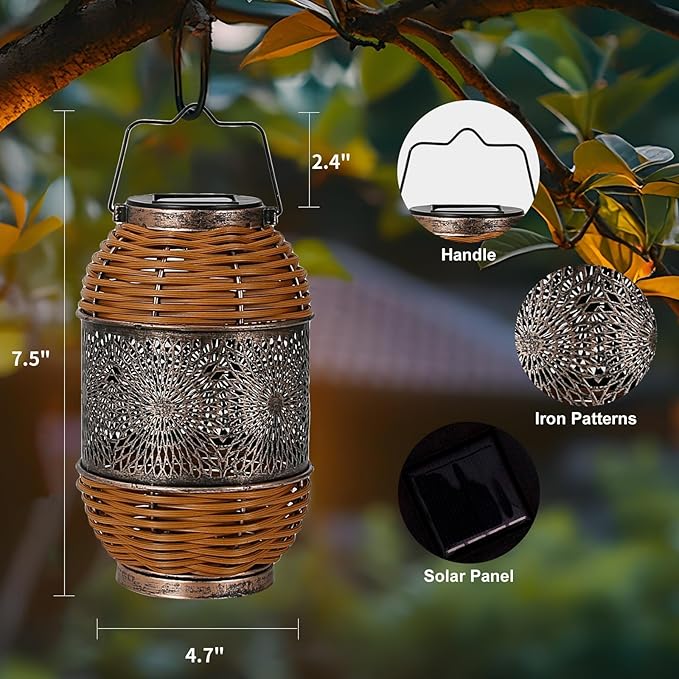 2 Pack Solar Lanterns Outdoor,Rattan with Metal Decorative Garden Hanging Lanterns Waterproof Christmas Gifts for Women LED Light with Handle for Table,Patio,Pathway,Pergolas,Tree,Yard,Fence,Hook