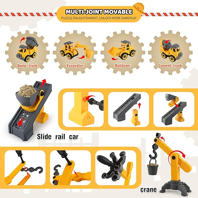 Asoxt 43-Piece Construction Sensory Playset – 2 lbs Play Sand, 4 DIY Trucks, Crane & Road Signs – Creative Sandbox Toy for Kids Ages 3+