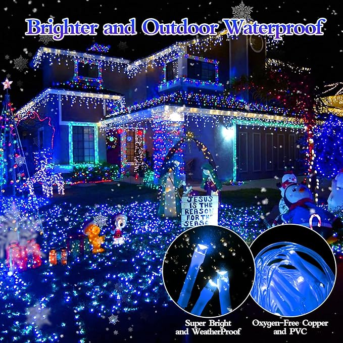 480 LED 49FT Christmas Lights Plug in 8 Modes with Timer Dimmable Christmas Decorations Outdoor Waterproof Indoor Curtain String Lights for Roof Porch Garden Holiday Wedding Party Decor Blue