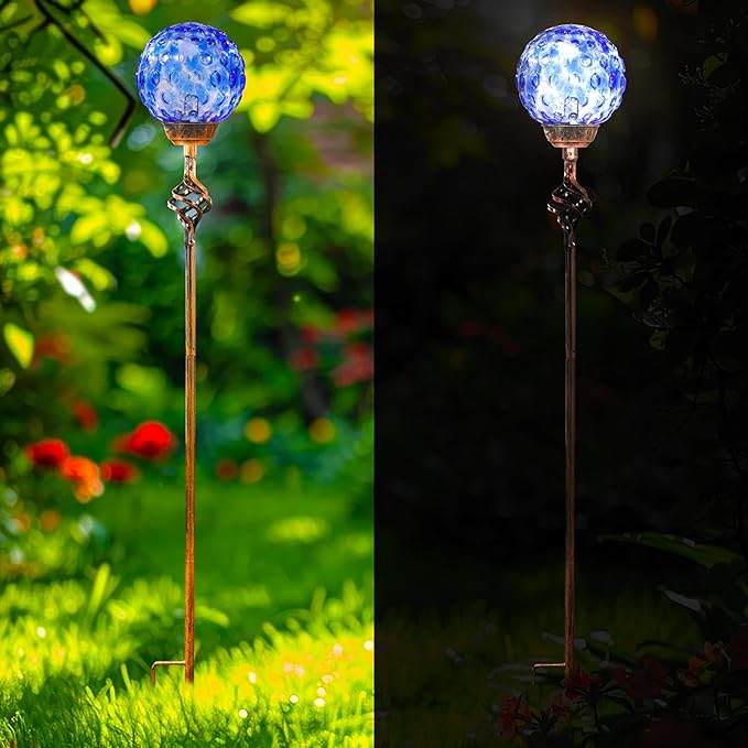 Garden Solar Lights, Decorative LED Honeycomb Glass Ball Garden Stake, Glass and Metal Outdoor Decoration, 4 x 31 Inch (Dark Blue)