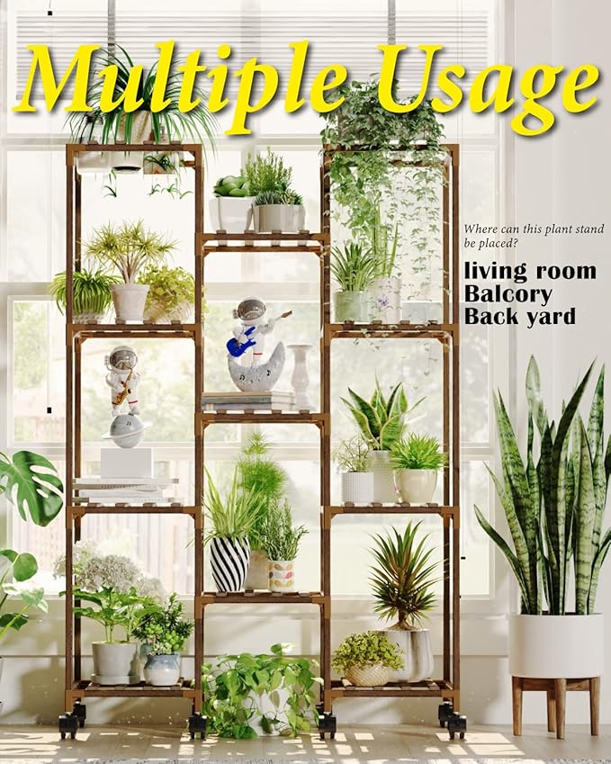 Bamworld Plant Stand With Wheels Indoor Outdoor Wood Plants Shelf for Multiple Plants 11 Pots,Tall Large Flower Holder for Living Room, Patio, Balcony, Garden