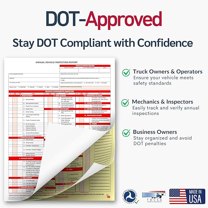 50 Pack 3-Ply Carbonless Annual Vehicle Inspection Report Forms with FMCSA 2-Ply Mylar Laminate Adhesive Vinyl Labels, DOT Inspection Forms and Stickers, Shrink-Wrapped, 8.5" x 11.75" - Made in USA