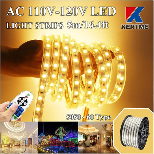 5050-60 Type AC 110-120V LED Strip Lights, Flexible/Waterproof/Dimmable/Multi-Modes LED Rope Light + 23 Keys Remote for Home/Garden/Building Decoration (16.4ft/5m, Warm White 3500K)