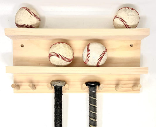 Full Size Baseball Bat Rack Display Case 4-7 Bats 8 Balls Natural Finish Wall Mount