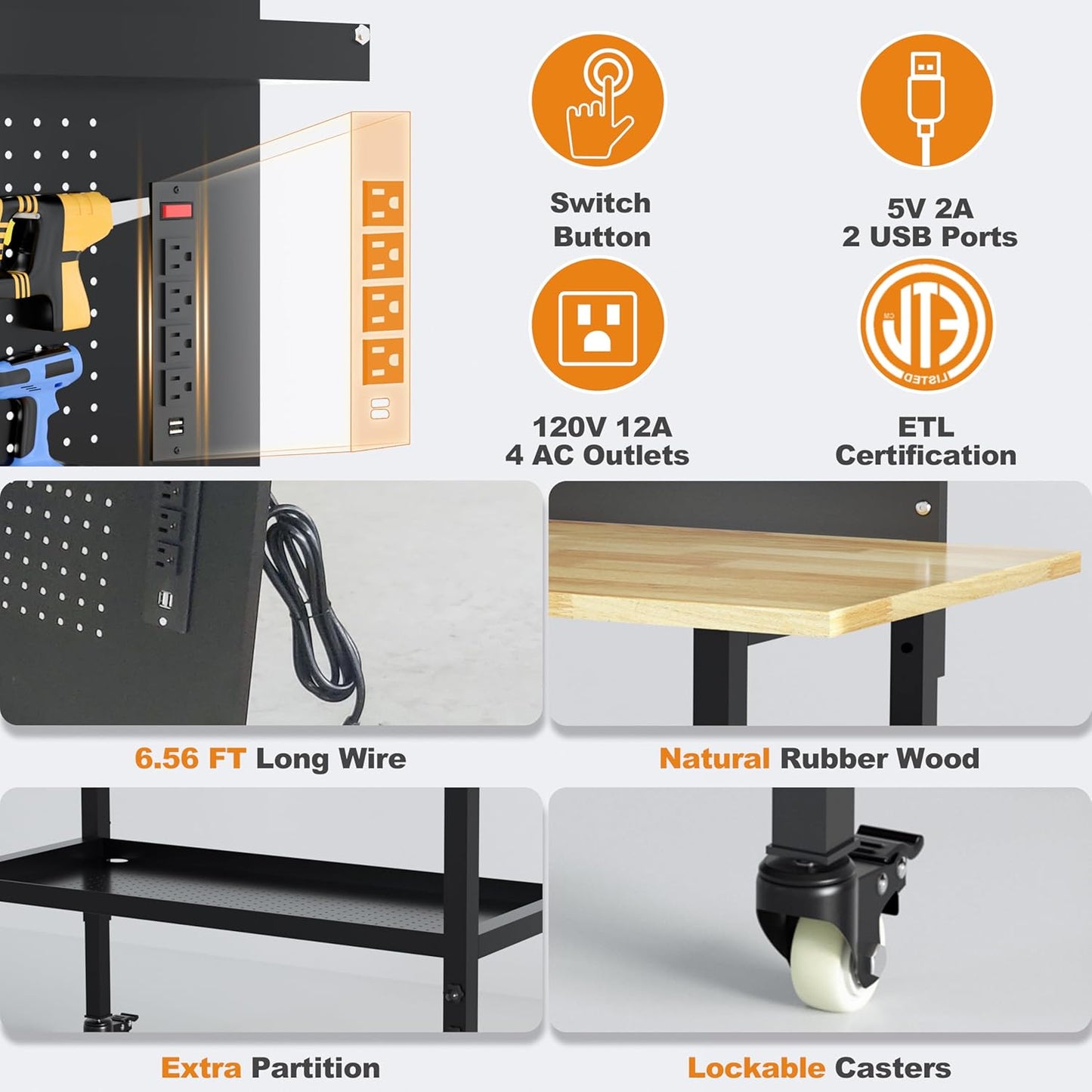 60" Heavy Duty Adjustable Workbench with Large Pegboard& Partition, Adjustable Work Table with Power Outlets & Lockable Wheels, Rubber Wood Workstation for Garage, Workshop, Office, Home, Commercial