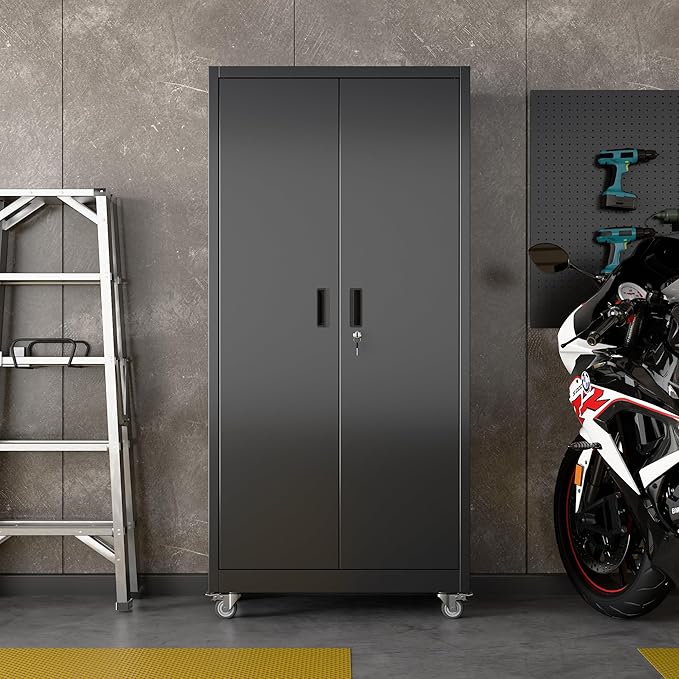 71" H×32" W×16" D Garage Storage Cabinet with Wheels, Locking Metal Storage Cabinet with 5 Adjustable Shelves, 4 Hooks and Pegboard for Garage, Home Office, Kitchen, Black, Assembly Required