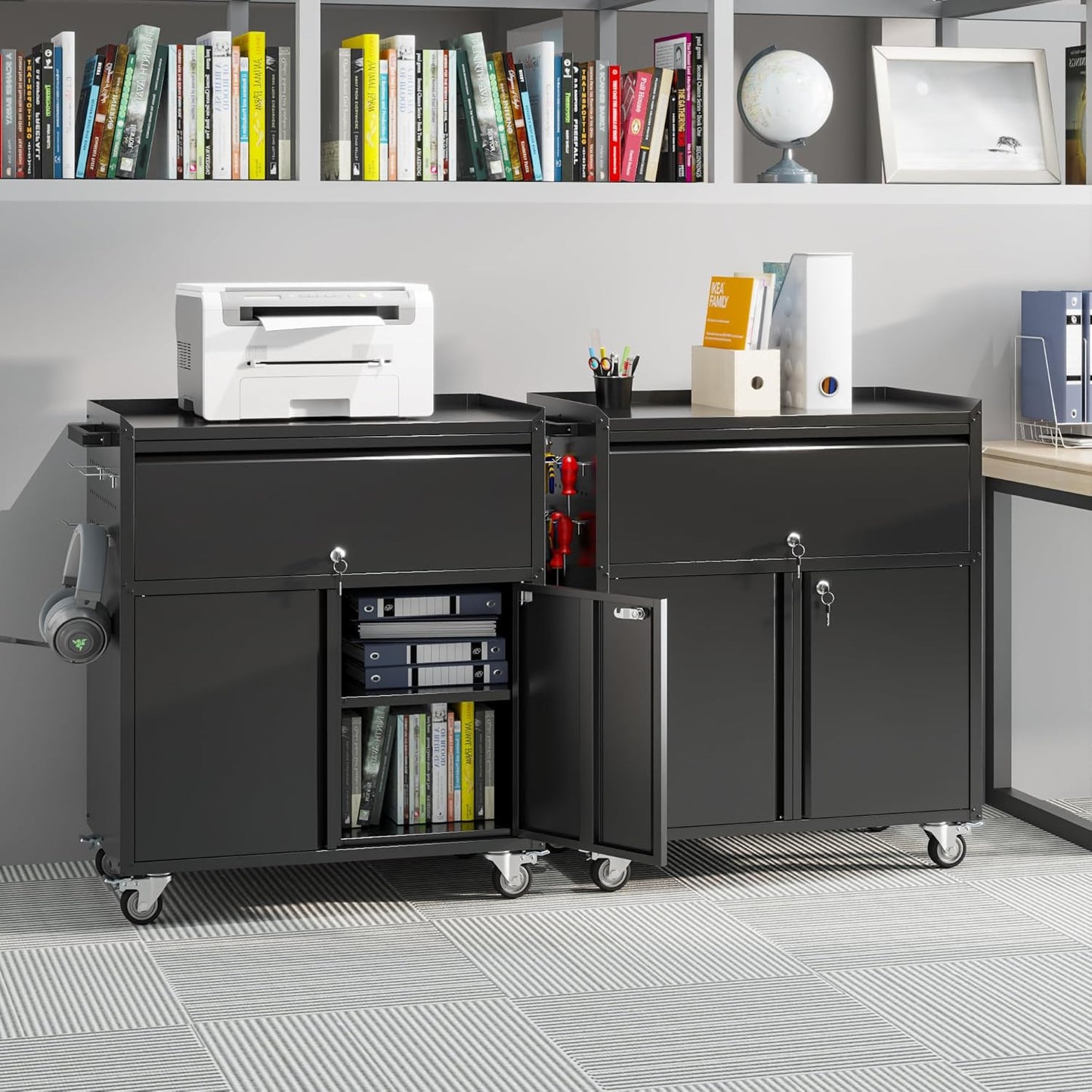 35.43'' H Metal Storage Cabinet on Wheels with 1 Drawer, Rolling Steel Garage Tools Cabinet with Side Pegboard &4 Hooks & 1 Adjustable Shelf for Garage,Shop,Home, Black, Assembly Required