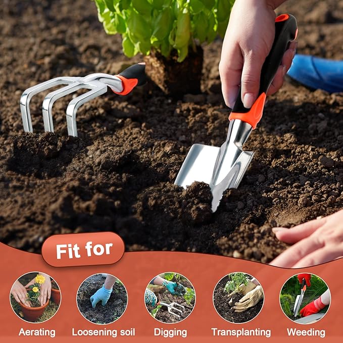 Garden Tool Set, 2 Pack Heavy Duty Gardening Tools Set Include Garden Shovel and Hand Rake Claw Tool with Ergonomic Handle, Small Gardening Hand Tools for Digging Weeding Planting Transplanting