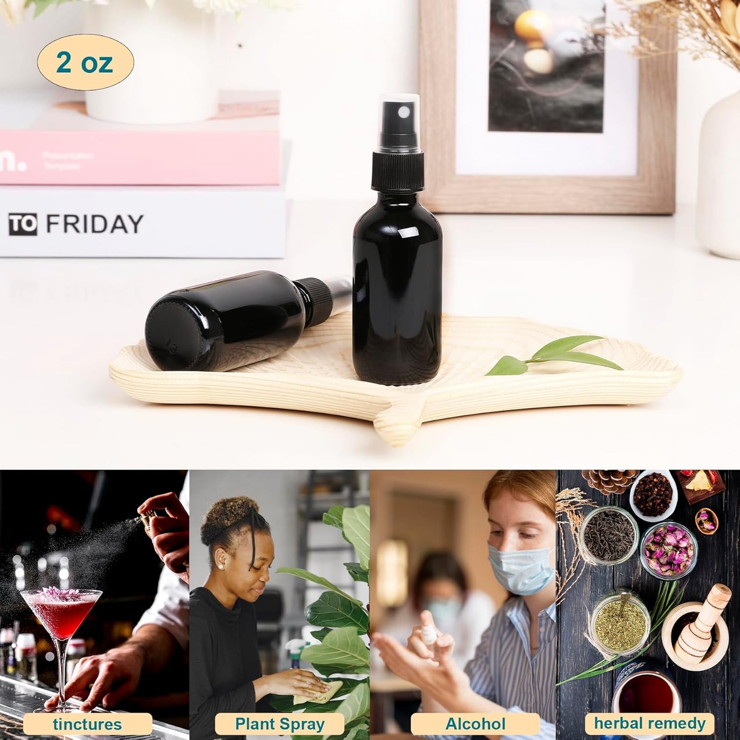 Black Glass Small Spray Bottle 2 oz 24 Packs,Fine Mist Sprayer Small Clear Bottles,Refillable Containers mini spray bottles for Cleaning Solutions and Skin Care (Black 24pcs)