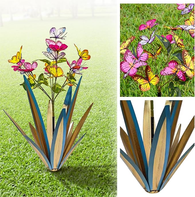 Garden Outdoor Butterfly Enlarge Thickened Wind Resistant Metal Agave Garden Art Metal Plant Country Sculpture Statue Decorations Ornaments Artificial Waterproof Butterflies (Blue 3pcs)