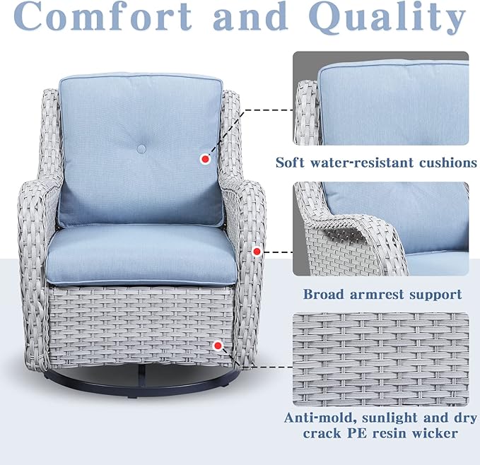 5 Piece Outdoor Patio Furniture Set - Wicker Furniture Patio Conversation Set, Outdoor Swivel Rocker Chairs with 3-Seater Sofa and 2 Ottomans for Small Space, Baby Blue Cushion