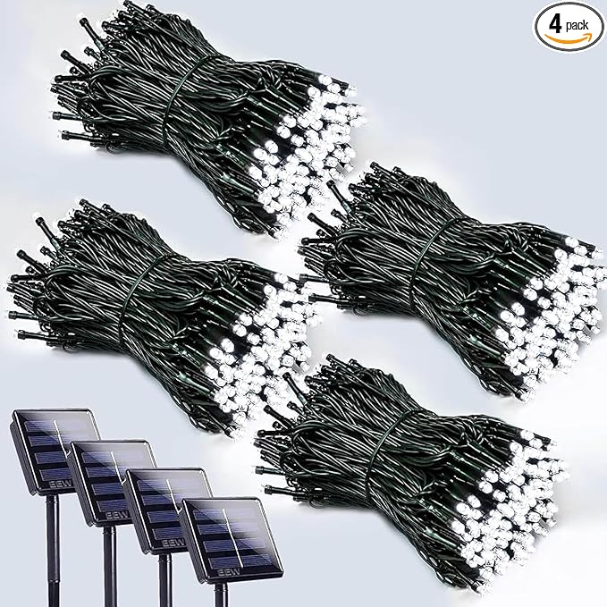 4 Pack 400 LED Solar String Lights for Outside, Solar Christmas Lights Outdoor Waterproof, Green Wire Twinkle Light with 8 Lighting Modes for Xmas Tree Wedding Party Garden Decorations (Cool White)