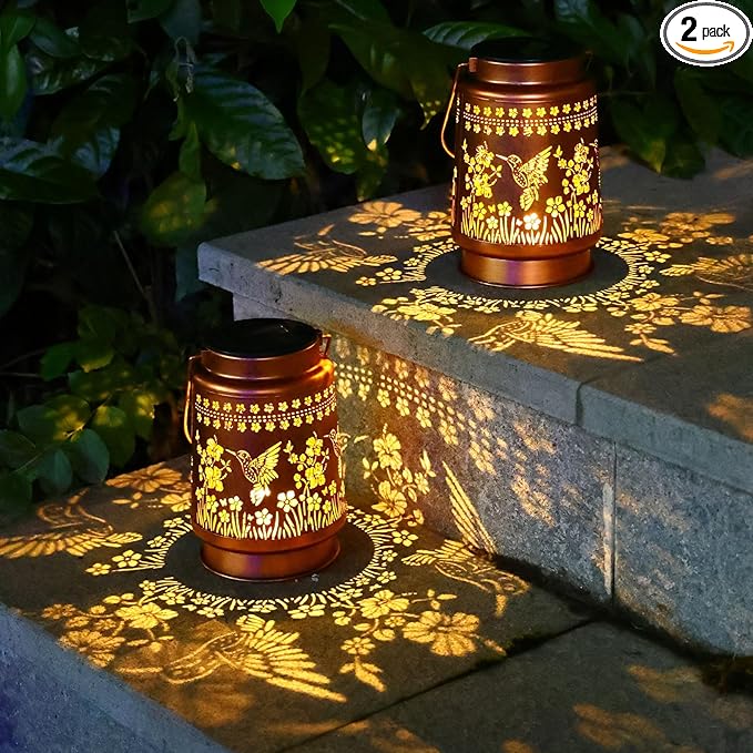2 Pack Hummingbird Solar Lanterns Outdoor Waterproof Hanging Solar Lights Gifts for Women Metal LED Lanterns Outside for Garden, Yard, Patio, Lawn, Porch