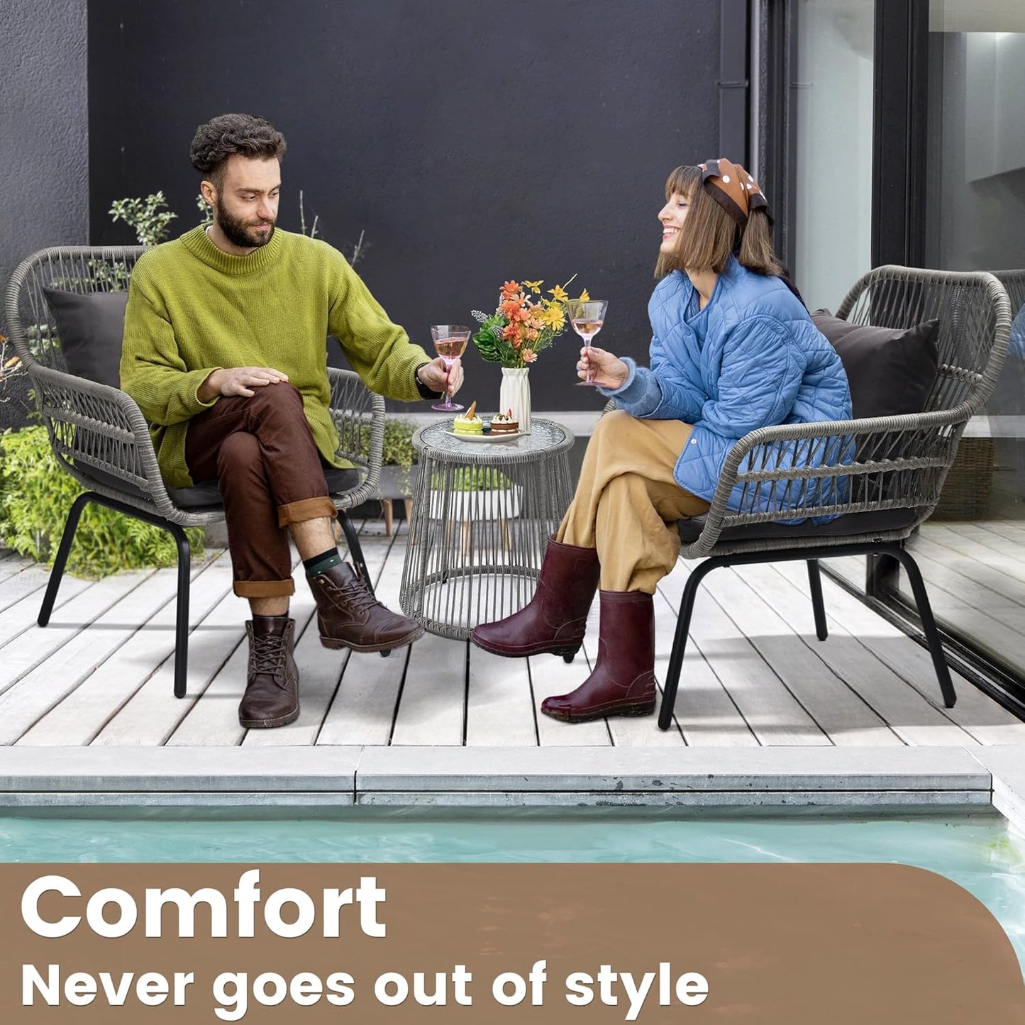 3 Pieces Rattan Wicker Bistro Set, Outdoor Conversation Set, Wicker Rattan Furniture Set with Glass Top Table, Space Saving for Balcony, Backyard, Grey