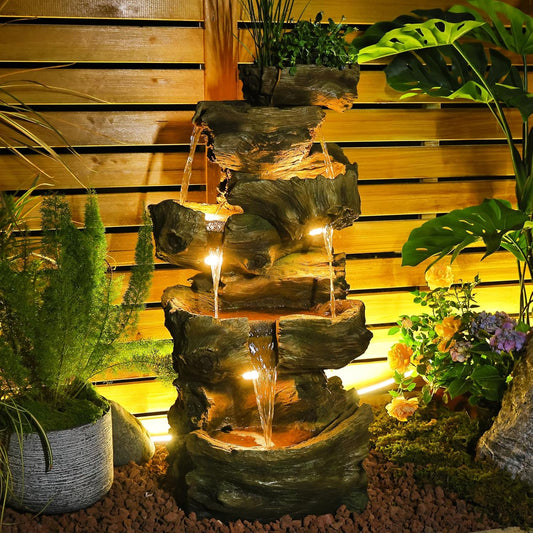 40.5" H Outdoor Garden Water Fountain 5 Tiers Large Cascading Rock Natural Waterfall Outdoor Fountain Resin Imitation Wood with LED Lights for Garden, Patio, Porch