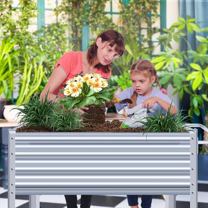 Galvanized Raised Garden Bed with Legs, Metal Raised Planter Box with Drainage Holes Outdoor Elevated Garden Bed on Wheels for Backyard, Patio, Balcony