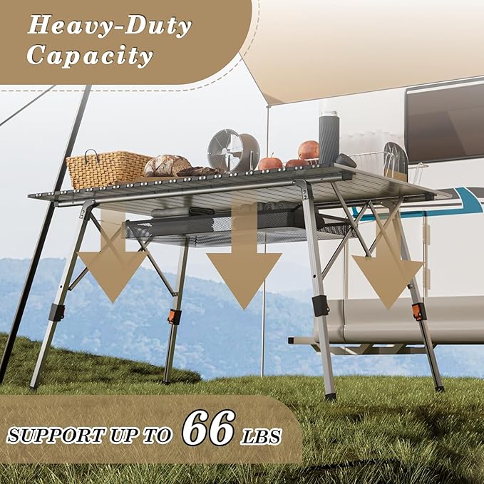 Athena Collection Foldable Camping Table, 47" Aluminum Outdoor Folding Camp Table with Mesh Layer Telescopic Legs and Carry Bag, Lightweight and Portable for Outdoor Camping Picnic Grilling, Silver