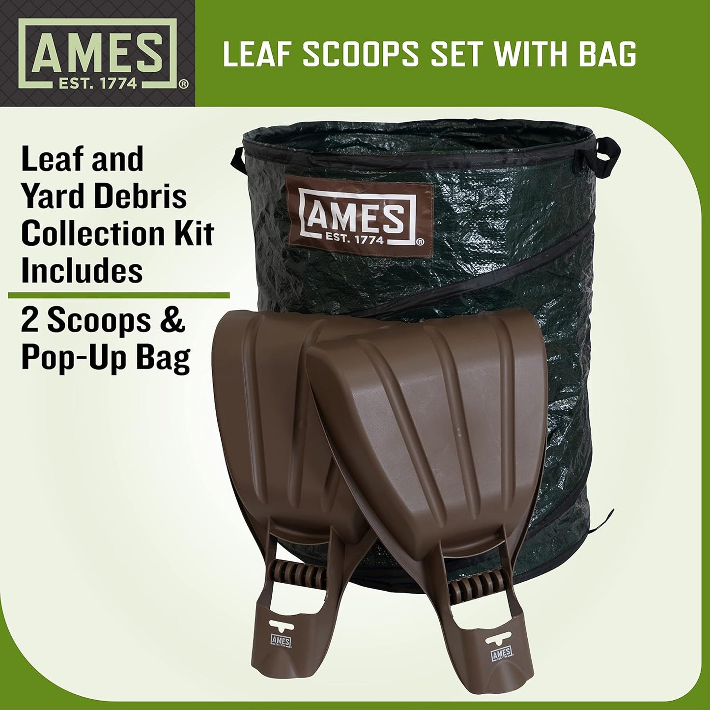 AMES Leaf Scoops Hand Rake Set with Collapsible Pop-Up Garden Waste Bag for Collecting Leaves, Mulch and Debris