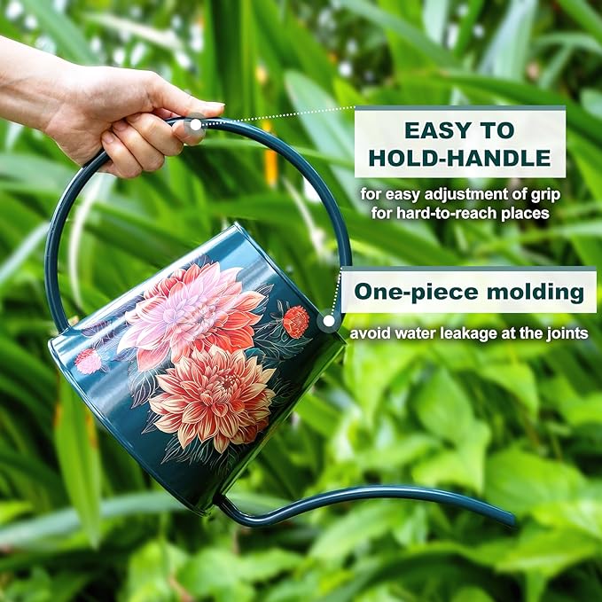Berry&Bird House Plants Watering Can - Indoor & Outdoor 1/2 Gallon Stainless Steel Water Can with Long Spout Garden Decoration for Flower Bonsai Succulent Gardening Large Watwer Bottle(2L/68oz,Dahlia)