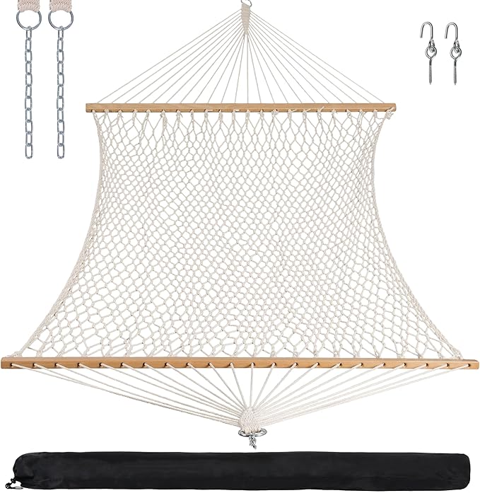 ANOW Rope Hammock Double Hammock with Hardwood Spreader Bar and Carrying Bag, 450 LBS Weight Capacity for Two Person, Natural