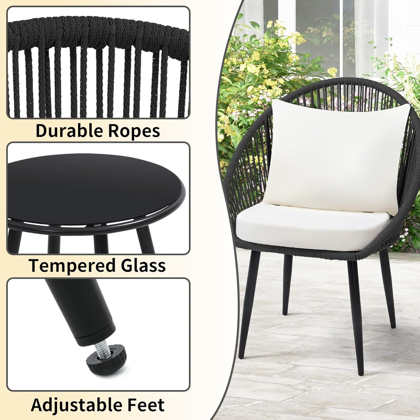 3 Pieces Bistro Set, Woven Rope Chair with Cushions, All Weather Patio Conversation Set and Side Table, Ideal for Deck, Balcony, Poolside, Black