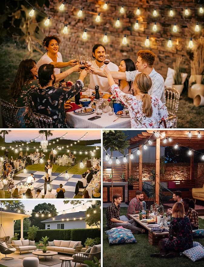 Brightever 180FT LED String Lights with Remote Control, 2700K/4000K/5000K Selectable Outdoor Patio Lights with 56 Shatterproof ST38 Edison Bulbs, 3 Modes Dimmable Outside Light for Yard, Porch