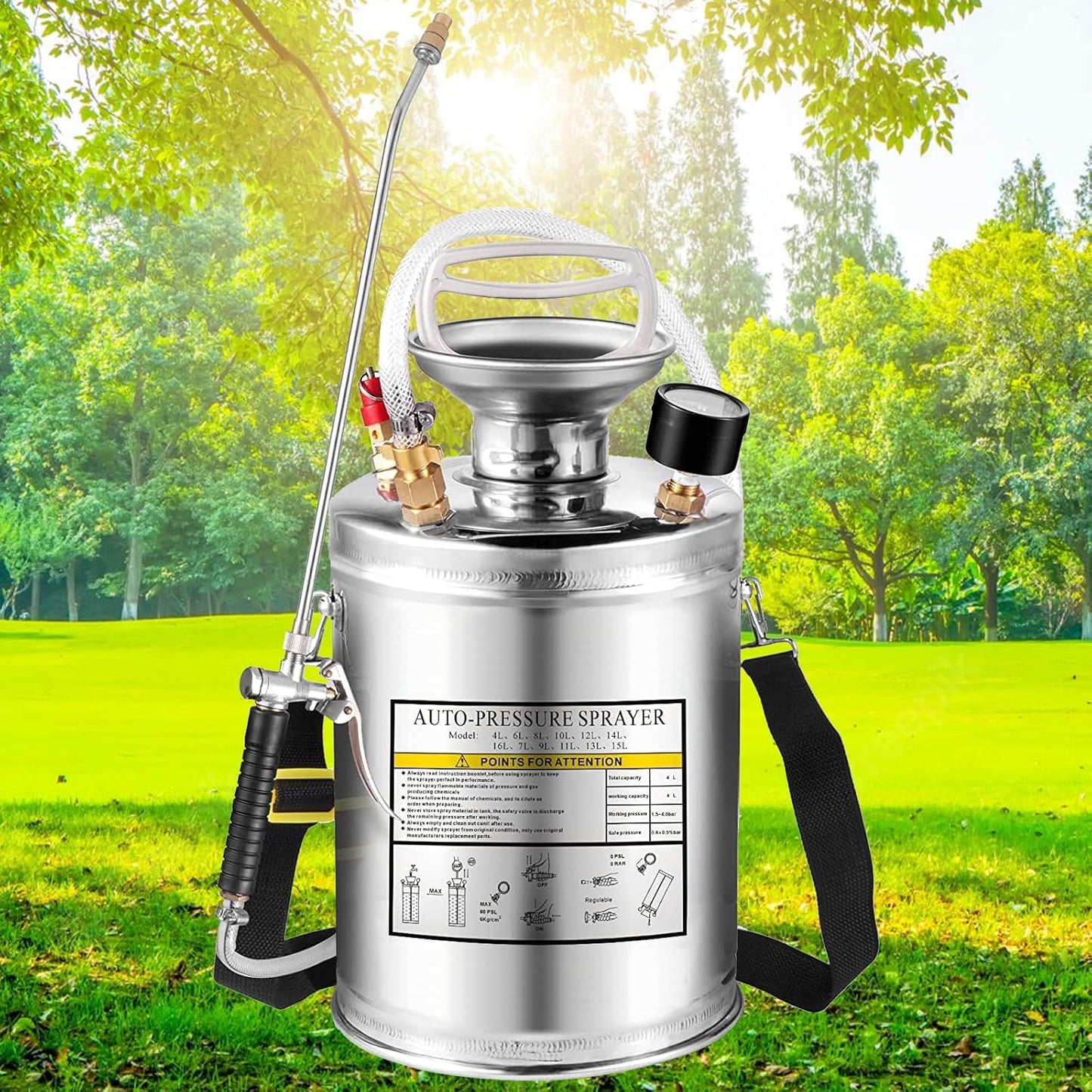 1Gal Stainless Steel Pump Up Sprayer Reinforced Hose, Hand Pump Sprayer with Pressure Gauge&Safety Valve, Adjustable Nozzle Suitable for Gardening (1 Gallon)