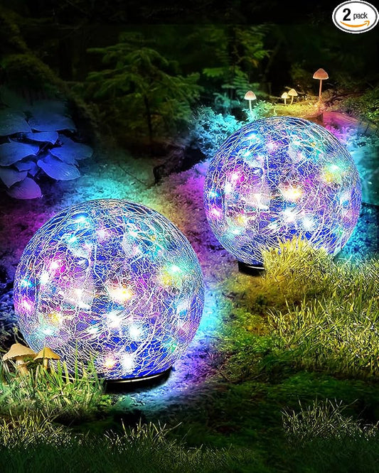 Garden Solar Ball Lights Outdoor Waterproof, 80 LED Cracked Glass Globe Solar Power Ground Lights for Path Yard Patio Lawn, Outdoor Decoration Landscape Colorful(2 Pack 5.9'')