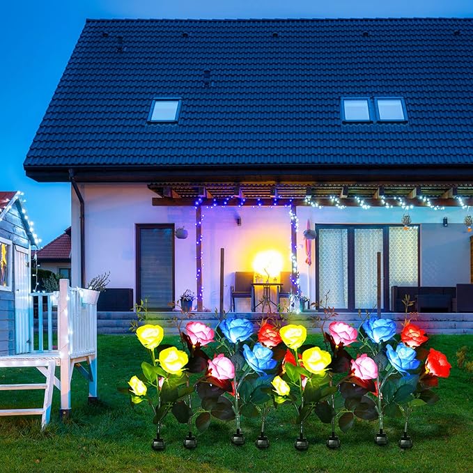 8 Pcs Solar Rose Flower Lights Colorful LED Solar Flower Lights Realistic Outdoor Floral Lights Power Decorative Flower Lights for Garden Patio Yard Pathway Decoration