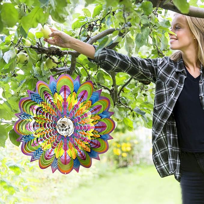 FONMY Mandala Wind Spinner w/Crystal Ball-Bloosom 3D Stainless Steel Suncatcher Hanging Spinners Worth Gift Christmas Decoration Indoor/Outdoor Garden Décor Kinetic Yard Art 12 Inches Wind Sculpture