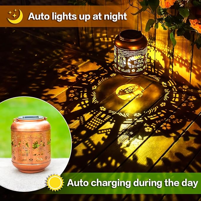 2 Pack Pig Solar Lanterns Outdoor Waterproof Hanging Solar Lights Pig Gifts for Women Men Mom Metal Decorative LED Outdoor Lanterns for Patio, Lawn, Landscape, Garden Decor, Yard Decorations