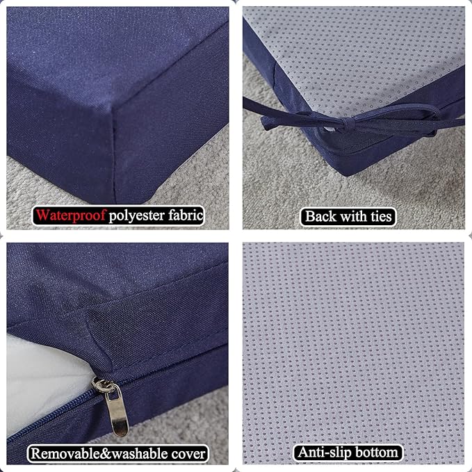 18.5 x 16 Inch Outdoor Chair Cushions for Patio Furniture, UV Resistant Non Slip Waterproof Replacement Patio Seat Cushion with Ties Set of 2, Navy Blue