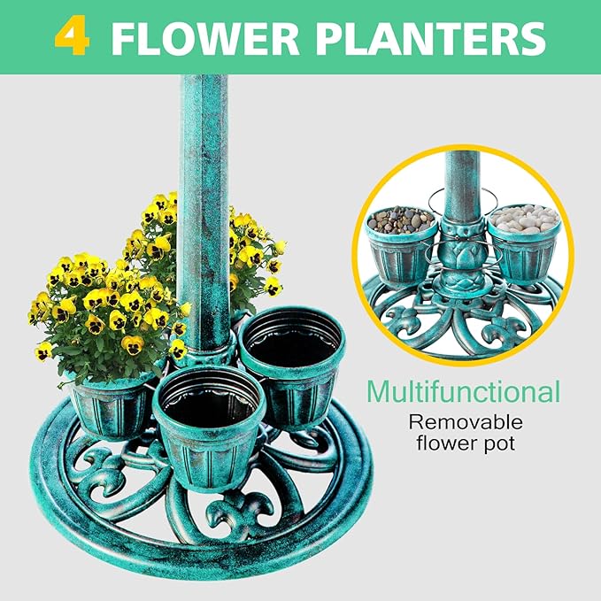 Bird Bath for Outside with 4 Removable Flower Planters 28in Polyresin Lightweight Vintage Birdbath Stake Standing Bowl and Water Feeder Yard Gardan Decor Green