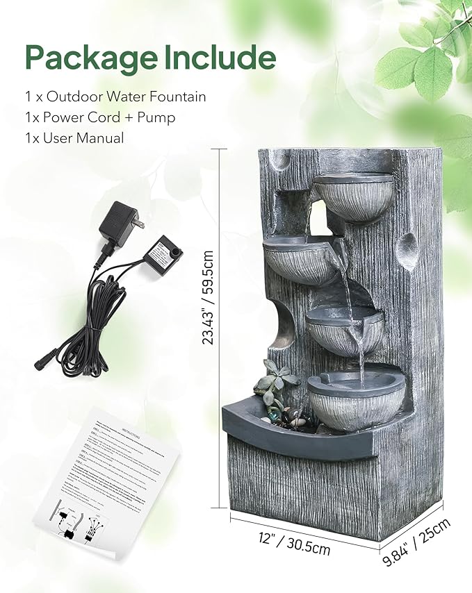 23.43" H Outdoor Water Fountain, 5 Tiers Bowls Garden Water Fountains with LED Light, Modern Natural Waterfall Fountain for Garden, Patio, Yard and Home Art Decor