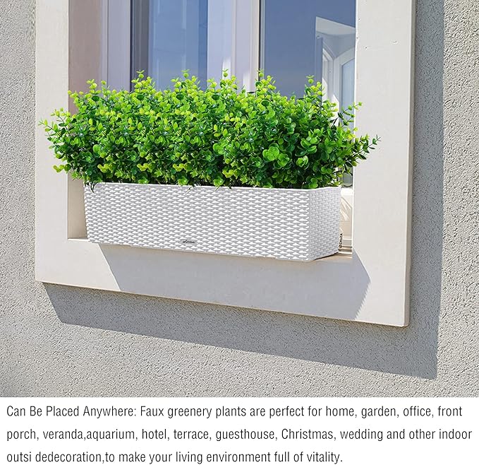 Artificial Plants Flowers Grass Shrubs 8 Pack No Fade Faux Plastic Flowers Outdoor for Farmhouse Garden Porch Patio Indoor Wedding Decoration Greenery Fake Plants uv Resistant (1#Green)