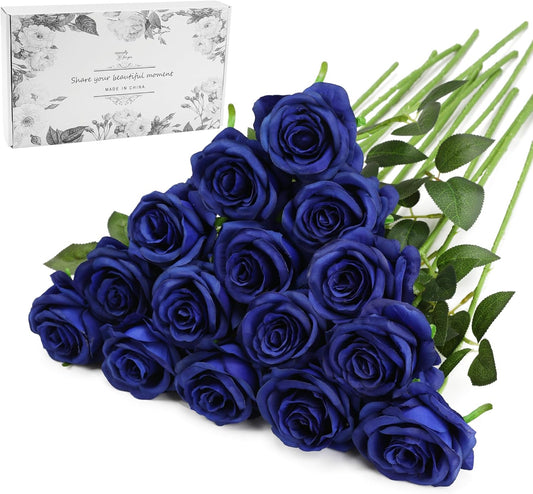 Blue Fake Roses Artificial Flowers - 16 Pcs Fake Artificial Roses Silk Flowers with Stems for Home Wedding Hotel Office Centerpiece Decor（Navy Blue）