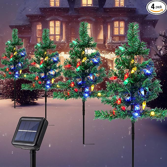 4 Pcs Solar Christmas Tree Outdoor Christmas Decorations 30 Inch Prelit Waterproof Xmas Tree Yard Stake Lights with 80 LED for Yard Pathway Cemetery Patio Christmas Garden Outside Decor