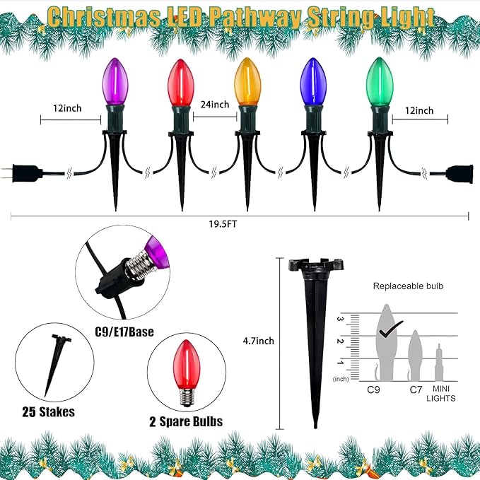 38Ft C9 LED Christmas Pathway Lights Outdoor, 25 Multicolor Bulbs String Waterproof With Stakes, Connectable Walkway for Outdoor Yard Lawn Sidewalk Driveway Decor
