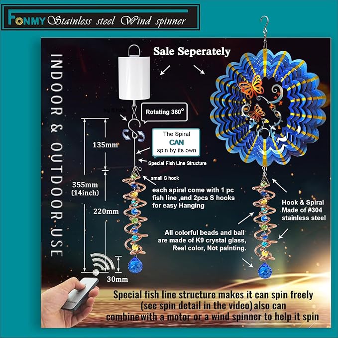 FONMY Gazing Ball Spiral Tail -Decorative Wind Spinner Sun Catcher Rainbow Maker Copper Double-Spiral W/Sea Blue Crystal Ball and Chain Crystals Beads for Indoor Outdoor Garden Decoration -14 inch H