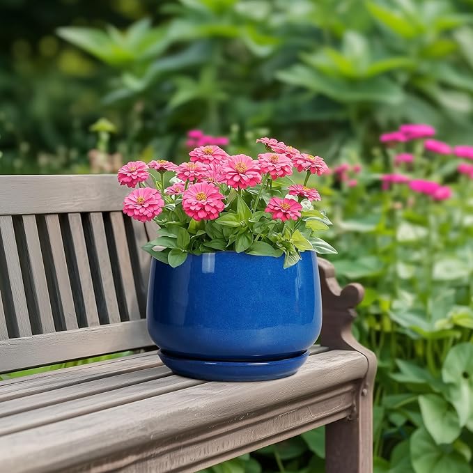 G EPGardening Round Ceramic Plant Pots - 7 Inch Modern Planter with Drainage and Plant Saucer for Indoor Outdoor Flower, Round Office Decor, New Gifts for Home, Blue