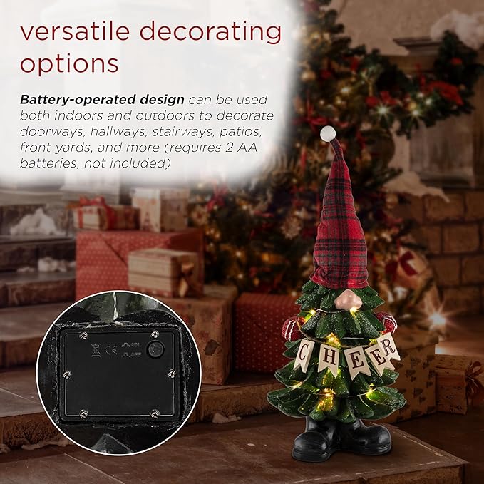 Alpine Corporation 28" H Polyresin Christmas Tree Cheer Gnome Decoration with Color Changing LED Lights, Christmas Decoration