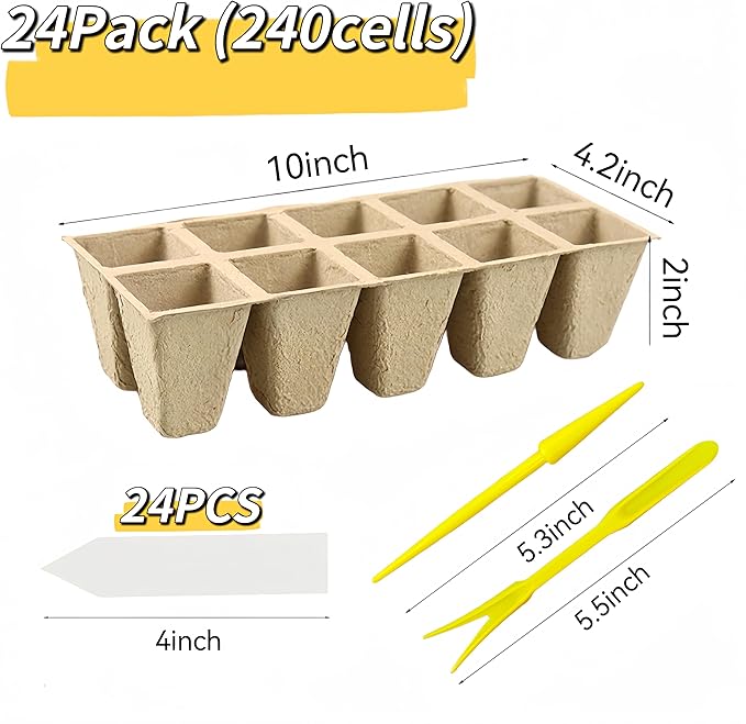 240 Cells Peat Pots Seed Starter Tray 24 Packs Biodegradable Seedling Pots Germination Trays Peat Pot for Seedling Organic Seed Starting Trays kit with 24 Labels 2 Transplant Tools